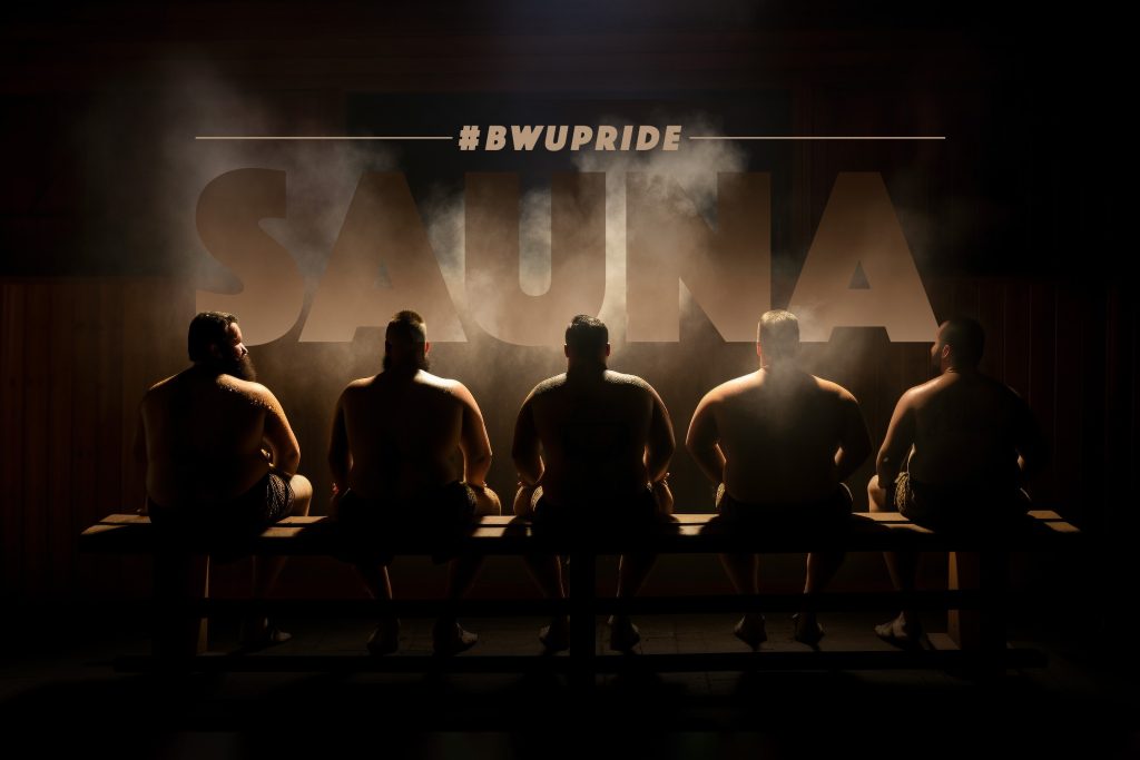 Burly men in a sauna