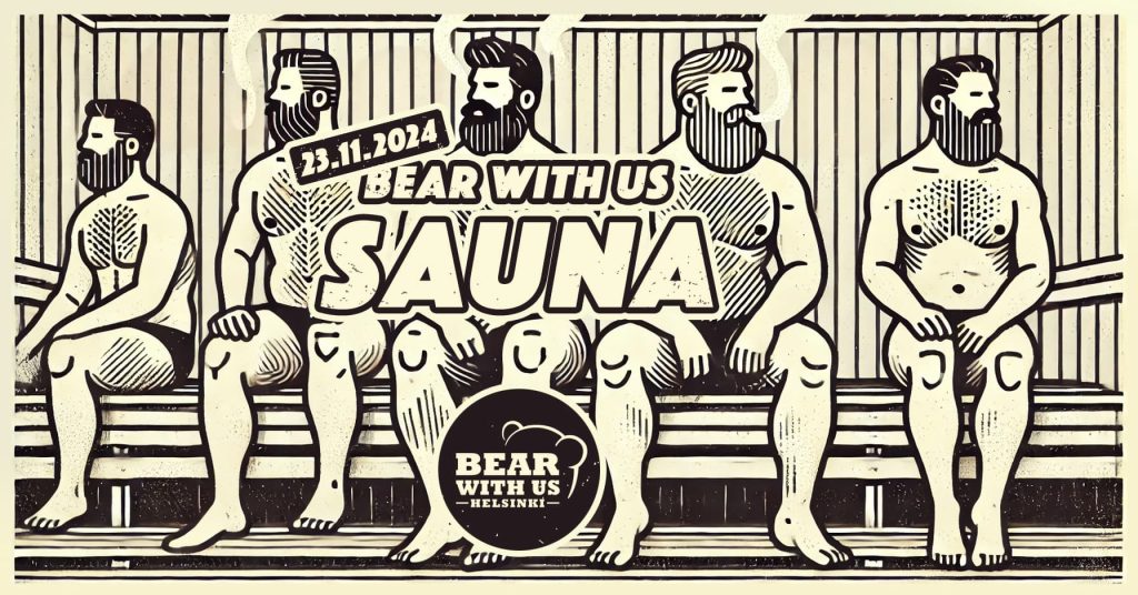 Bunch of bearded men in a sauna